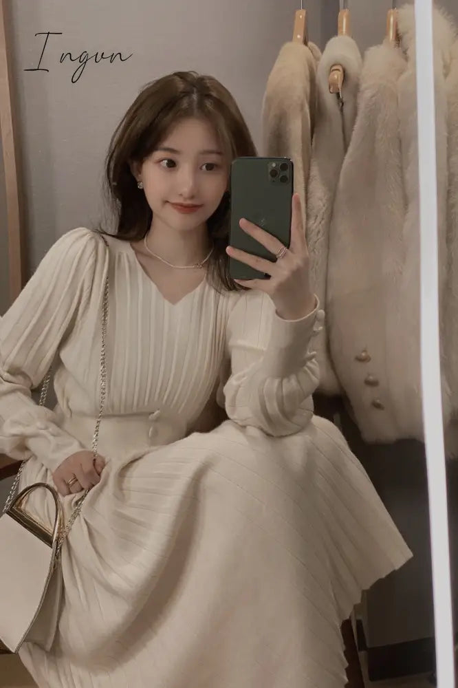 Ingvn - Knitted Dress Women Casual Long Sleeve Vintage Elegant Office Sweater Dress Female Spring One-piece Dress Korean Outerwear