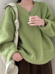 Ingvn - Green Oversized Sweaters for Women Fall Winter 2023 Korean Fashion Long Loose Pullovers V Neck Long Sleeve Jumpers