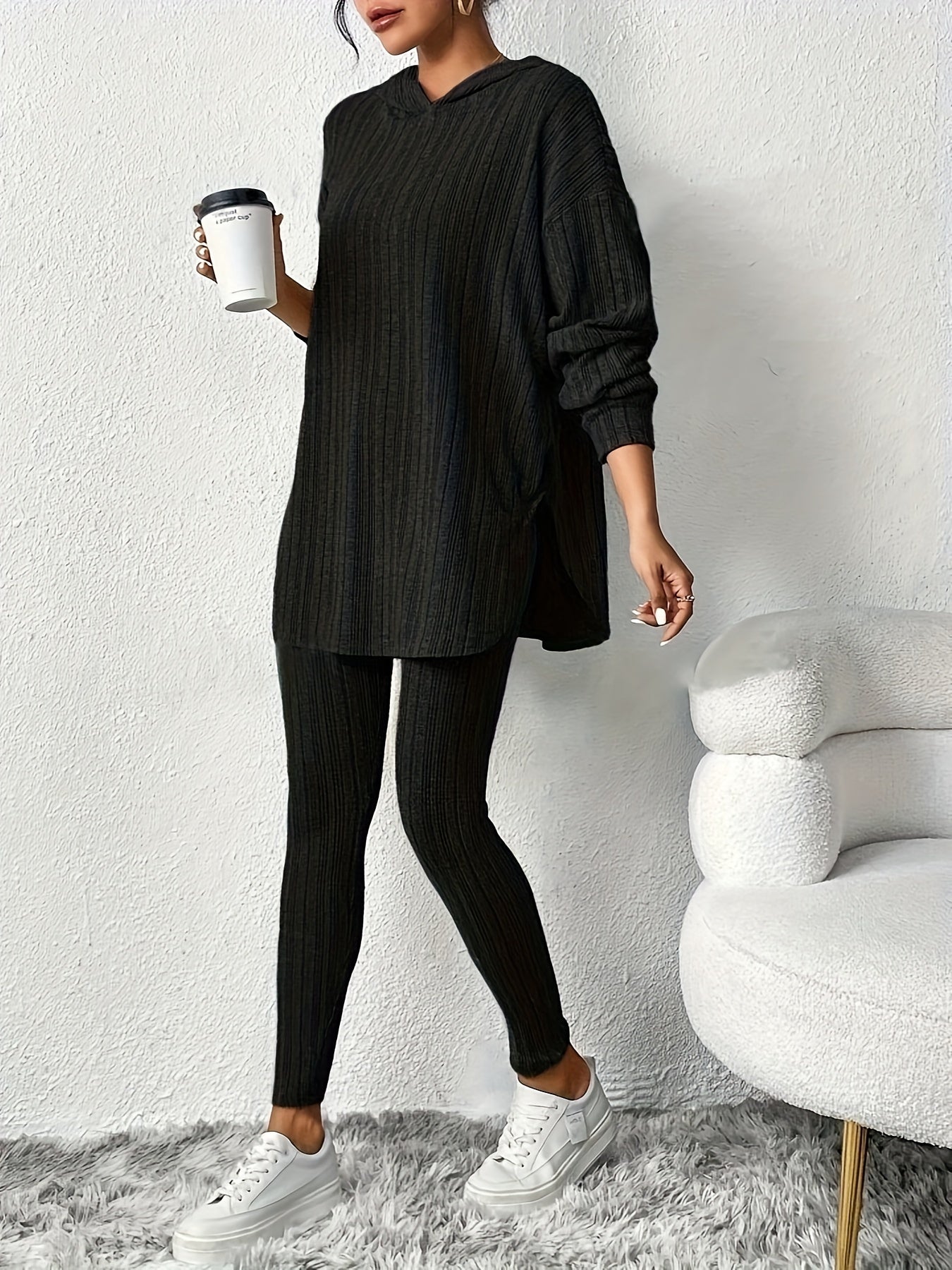Sleek Duo, Elegant Solid Color Ribbed Hoodie & Leggings Set for Women - Long Sleeve, Polyester Blend, Machine Washable - Perfect for Spring/Fall