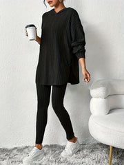 Sleek Duo, Elegant Solid Color Ribbed Hoodie & Leggings Set for Women - Long Sleeve, Polyester Blend, Machine Washable - Perfect for Spring/Fall