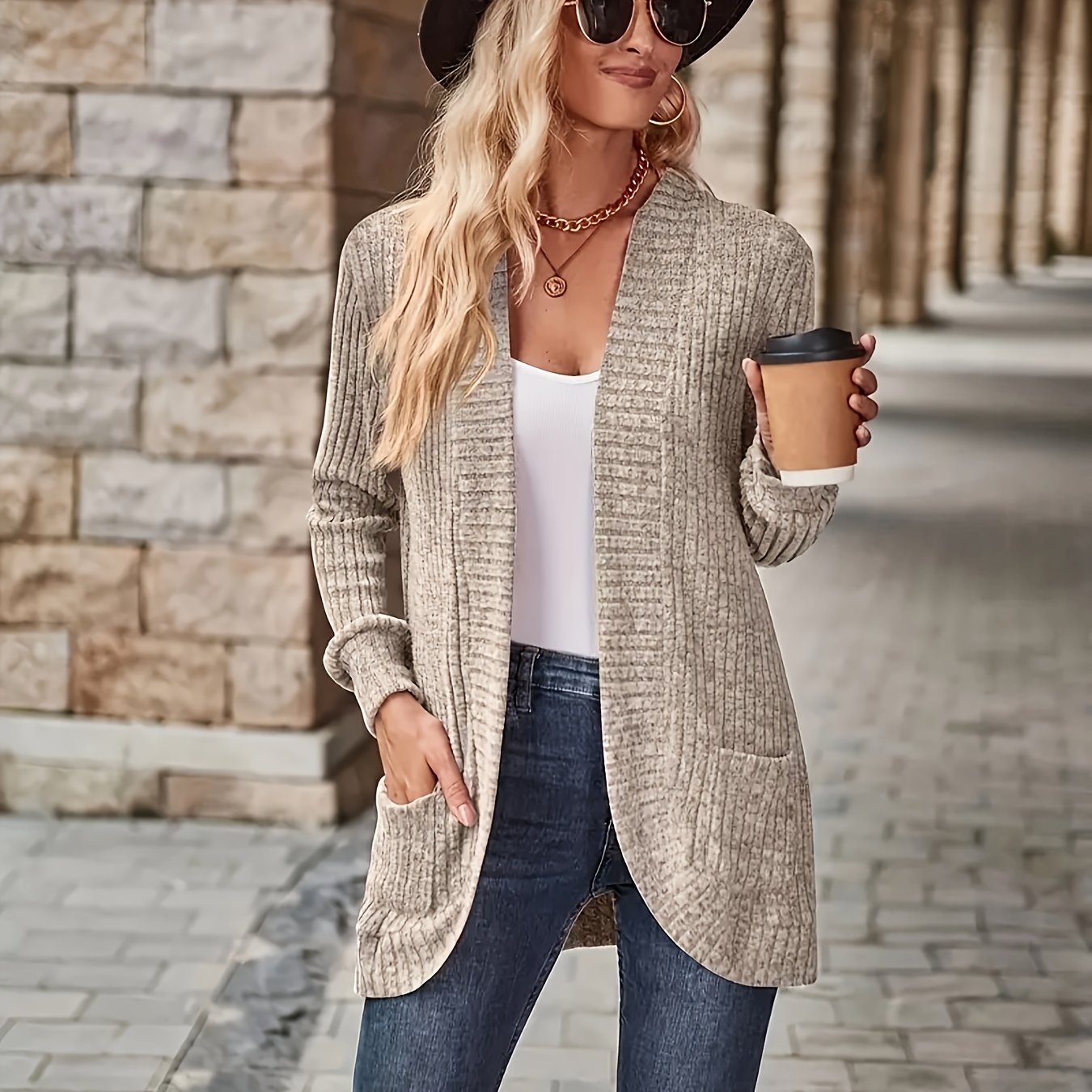 Solid Color Open Front Cardigan, Versatile Long Sleeve Pockets Cardigan For Spring & Fall, Women's Clothing
