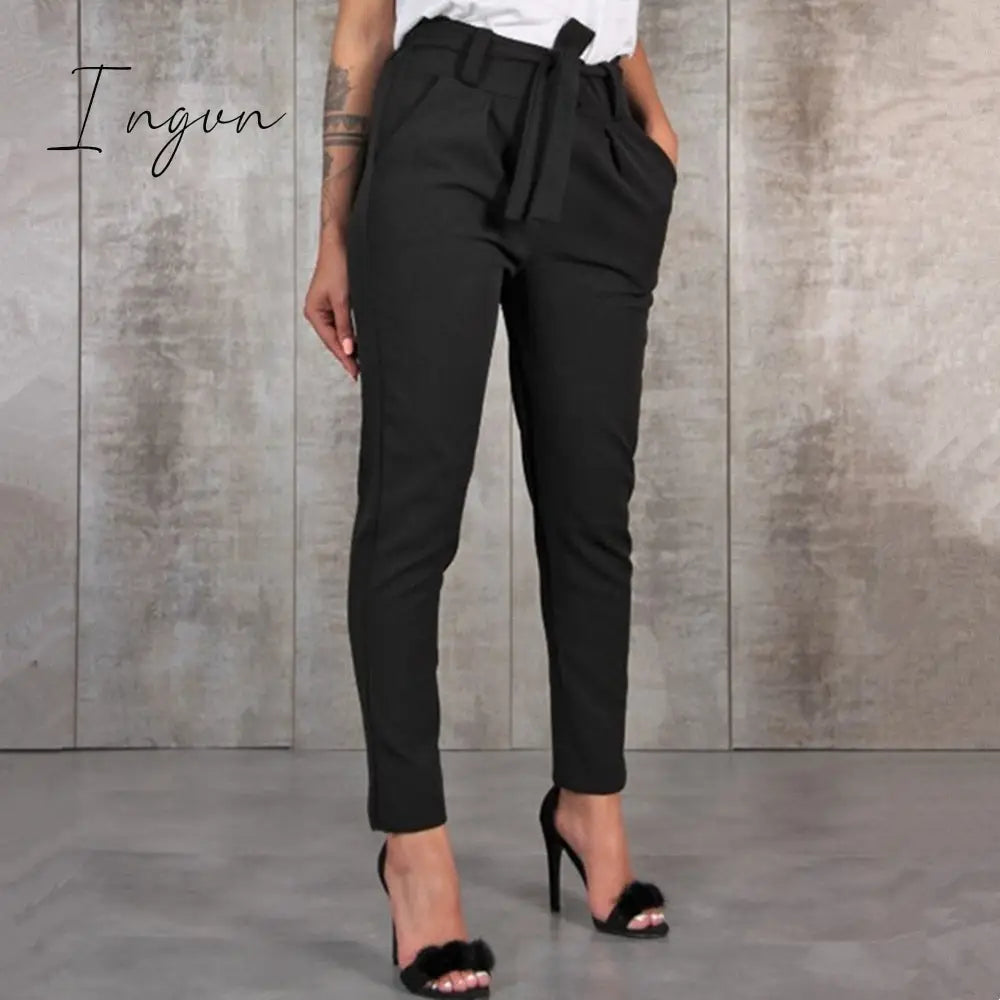 Ingvn - Casual Slim Chiffon Thin Pants For Women High Waist Black Khaki Green Pants Woman Trousers