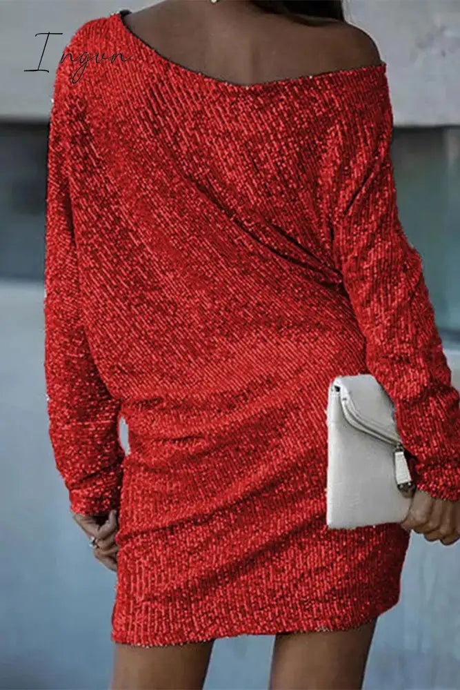 Ingvn - Elegant Solid Sequins Oblique Collar A Line Dresses