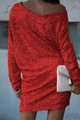 Ingvn - Elegant Solid Sequins Oblique Collar A Line Dresses