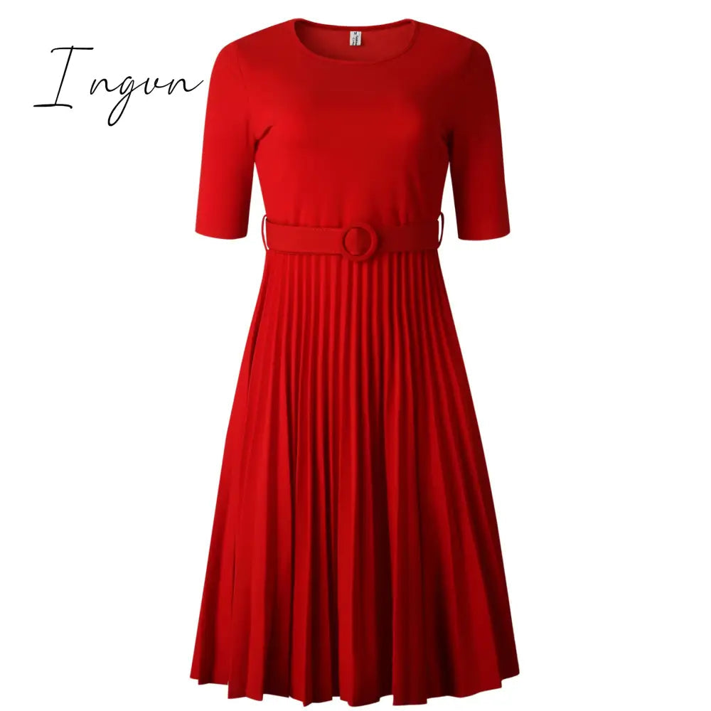 Ingvn - African Style Women Casual Belted Pleated Dress Elegant Chic Office Lady A-Line High Waist Dress Autumn Winter Fashion