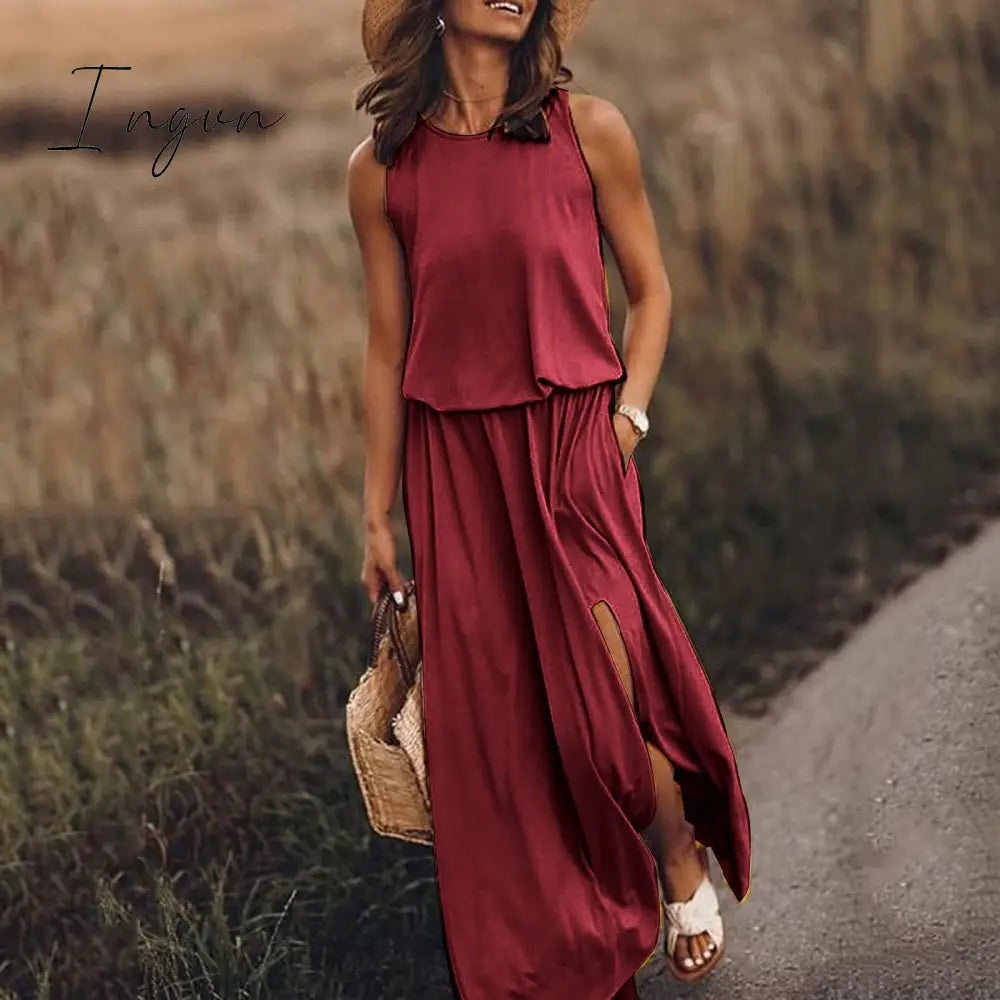 Ingvn - Summer New Oversized Casual Fashion Solid Slit Dress Ladies Sleeveless Loose Robe Dresses Women Round Neck Vestidos De Fiesta