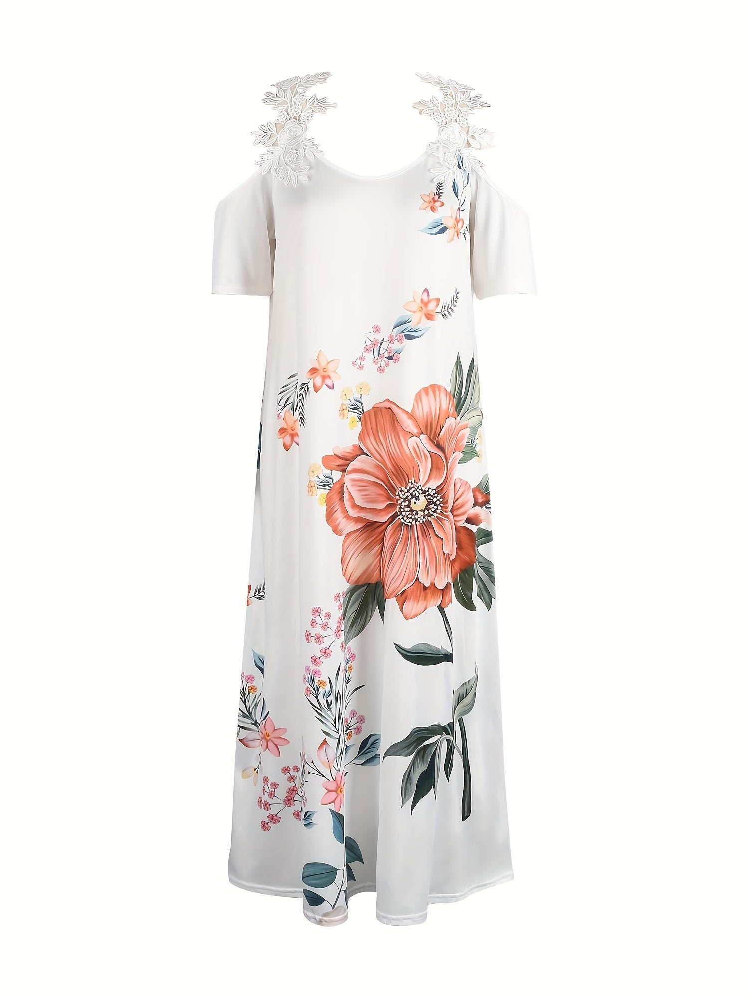 Floral Print Maxi Dress - Short Sleeve, V Neck, Casual, Lace Up, Women's Clothing for Everyday Wear