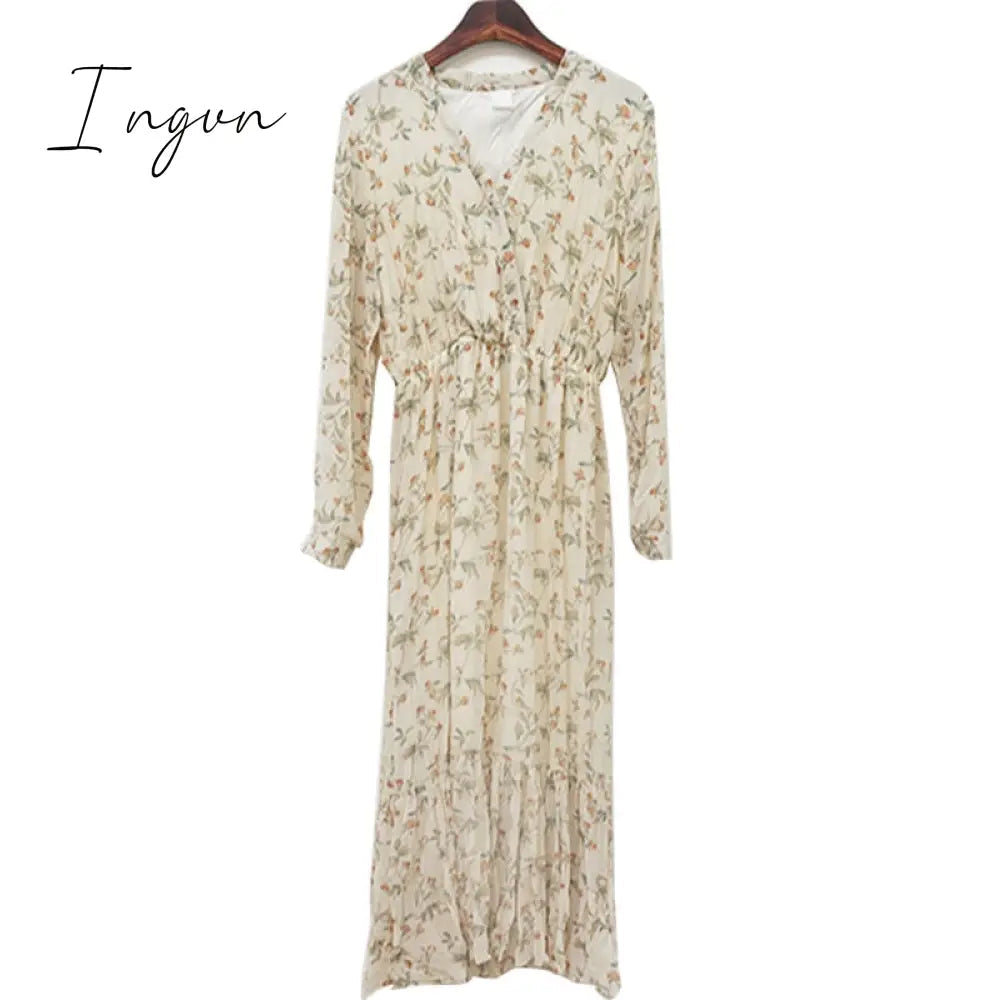 Ingvn - 2023 Fashion Trends Elegant Ruched Floral Print Women Autumn Dress Sexy V-neck Full Sleeve Female Long Dresses Spring Chiffon Vestidos