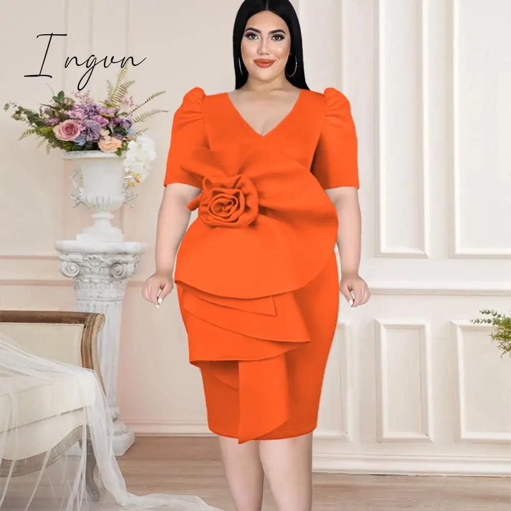 Ingvn - Pink Plus Size Dresses Women V Neck Short Puff Sleeve Big Flower Knee Length Outfits for Ladies Evening Birthday Party Gowns 4XL