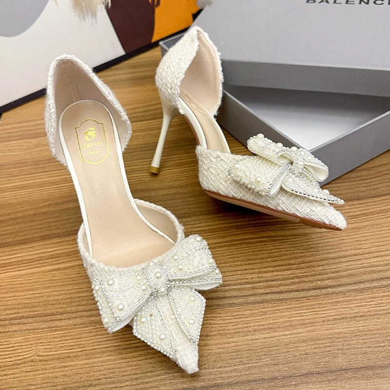 Ingvn  Luxury Pearl Crystal Bowtie White Wedding Shoes Women  Spring Brand Designer High Heels Pumps Woman Thin Heeled Party Shoes