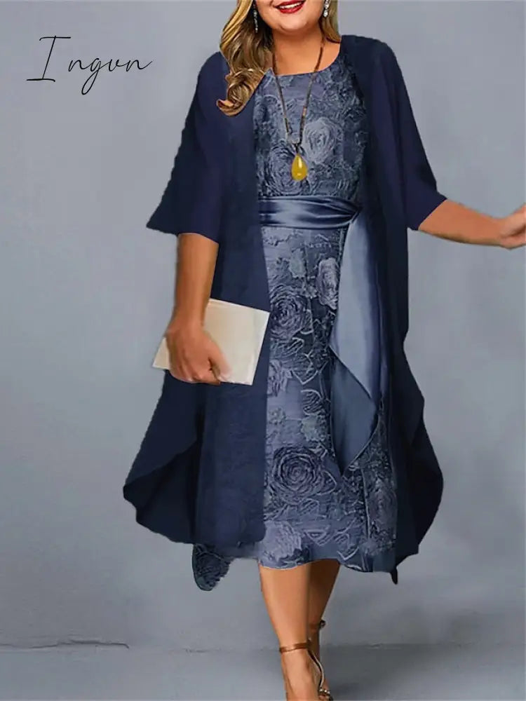 Ingvn - Women's Plus Size Casual Dress Dress Set Two Piece Dress Floral Midi Dress 3/4 Length Sleeve Crew Neck Fashion Daily Pink Wine Summer Spring L XL XXL 3XL 4XL