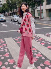 Ingvn - Sweater Vests Women Pink Knitwear Strawberry-print Harajuku Sweet All-match Chic Soft Casual Classic Simple Streetwear