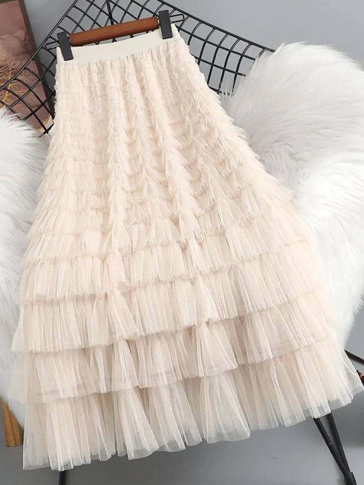 Summer Elegant Women Tulle Skirt Korean Fashion Mesh A Line Ladies Cake Skirt High Waist Loose Party Female Skirts New