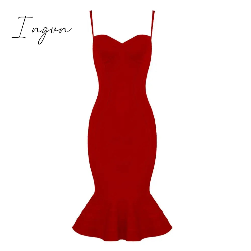 Ingvn - High Quality Pink Yellow Knee Length Rayon Bandage Dress Evening Party Elegant Dress