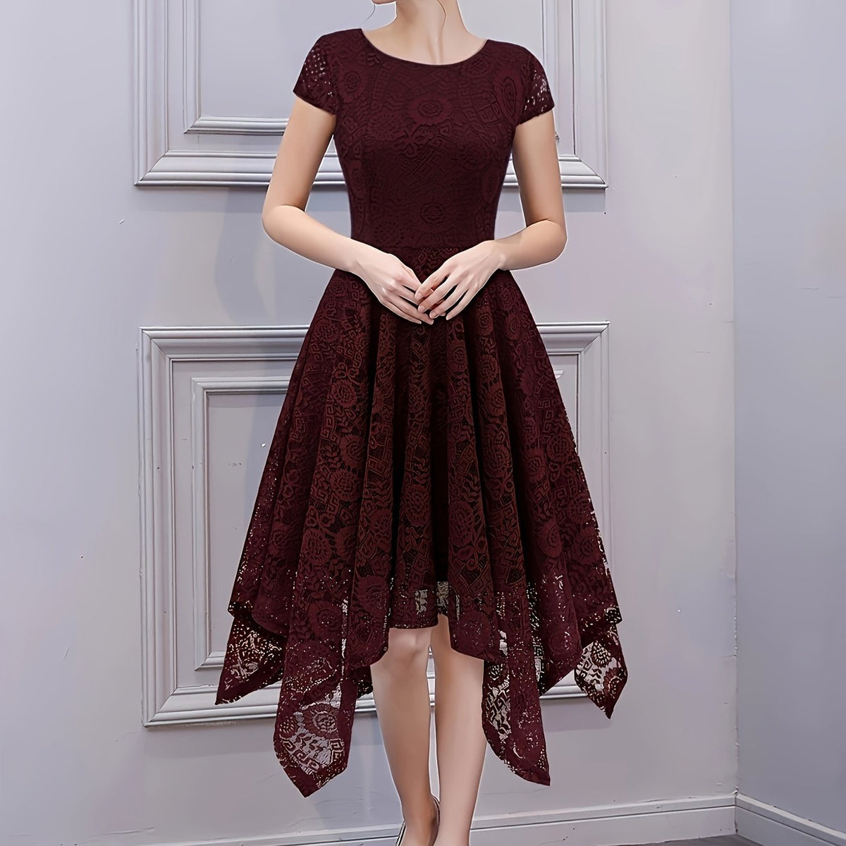 Solid Lace Asymmetrical Ruffle Hem Dress, Elegant Crew Neck Aline Dress For Wedding Party, Women's Clothing