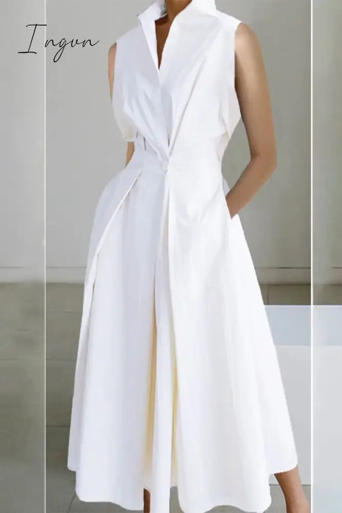 Ingvn - Casual Simplicity Solid Pocket Fold V Neck Shirt Dresses