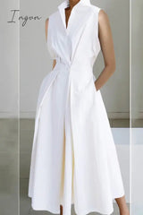Ingvn - Casual Simplicity Solid Pocket Fold V Neck Shirt Dresses