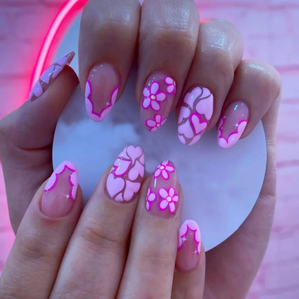 24pcs Long Almond False Nails French Pink Cloud Star Press on Nails Fake Nails DIY Manicure Detachable Gradient Flash Nail Tips