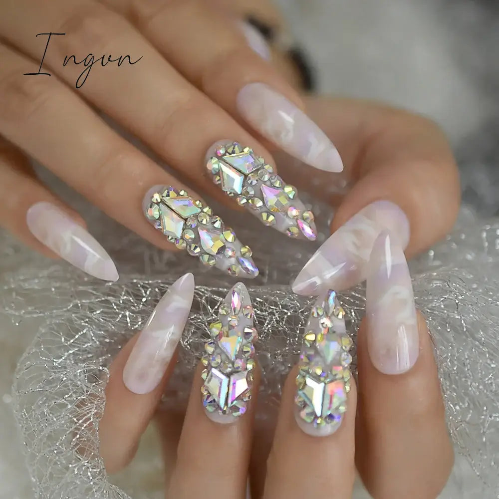 Extra Long Stiletto Press on False Nails Full Cover 3D Rhinestone Fake Nails Manicure Nail Art Tips Set for Wedding Party
