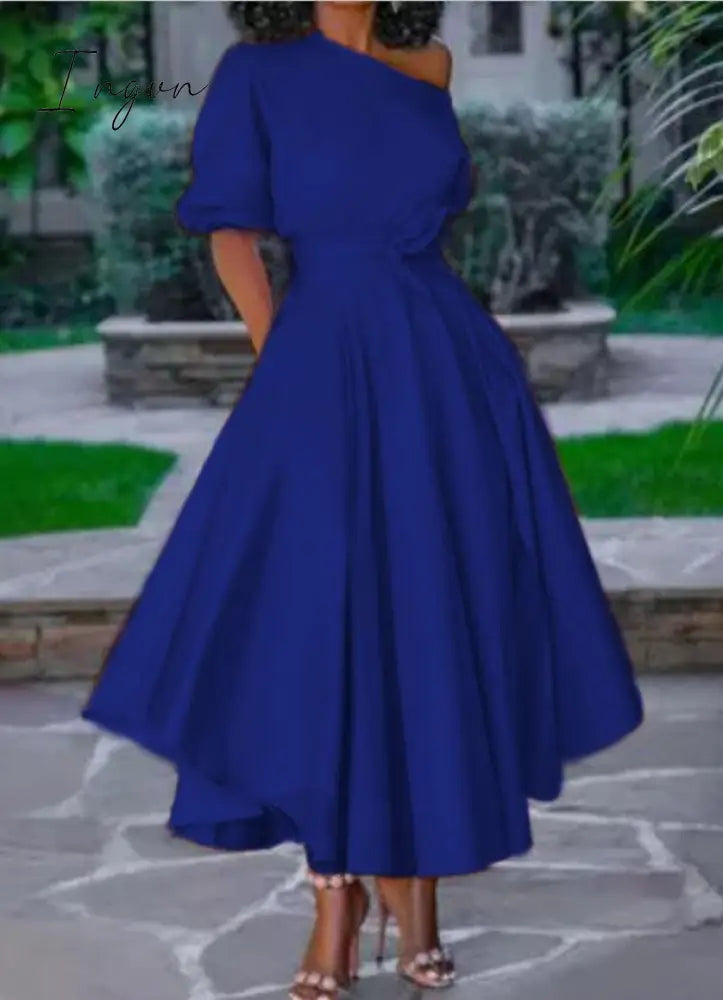 Ingvn - Women Dress Bare Shoulder Waist Belt Long A Line Pleated Orange Casual Fashion Female Ladies Elegant New Autumn Summer Robes