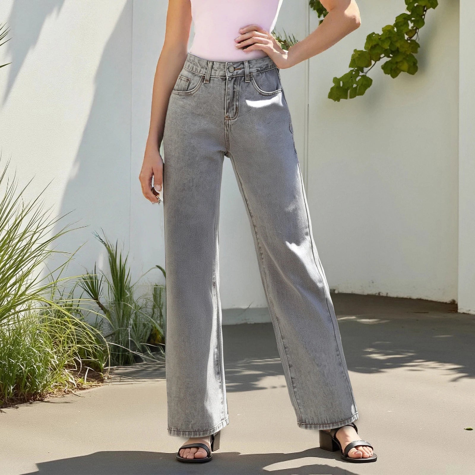 Women's Denim Pants Low Waist Wide Leg Trousers with Pockets Spring Summer Casual Loose Jeans