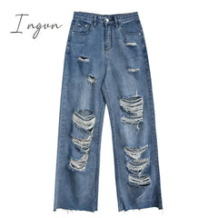 Ingvn - Spring And Autumn women's ripped jeans high waist loose straight pants wide leg pants women's jeans Y2K high street jeans