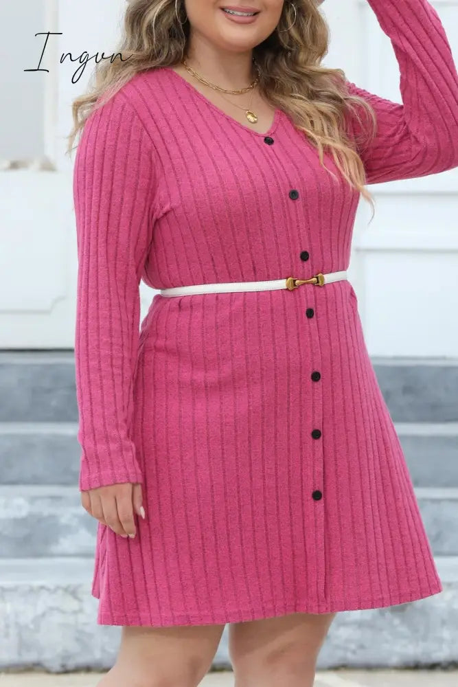Ingvn - Casual Solid Patchwork V Neck Long Sleeve Plus Size Dresses (Without Belt)