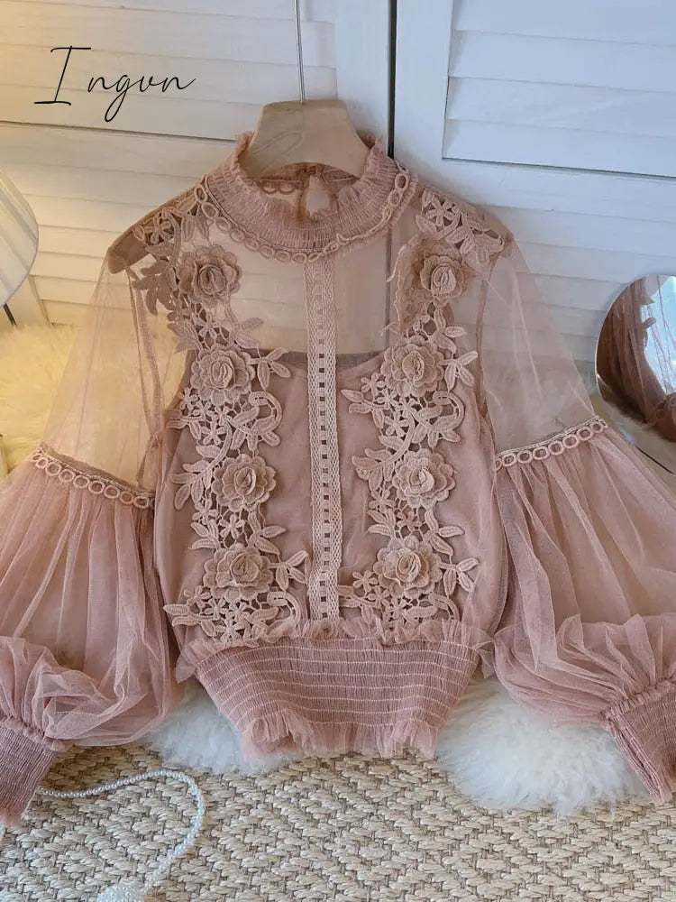 Ingvn - spring Women Mesh Tops Fashion Sexy Sheer Lace Blouse Lantern Sleeve 3D Floral Blouses Shirts Elegant Top Blusas Femininas