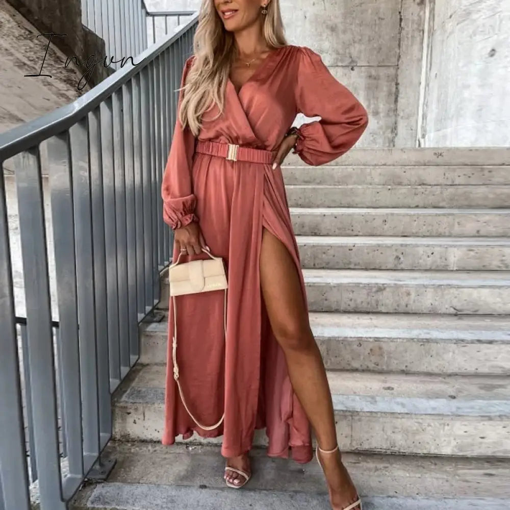Ingvn - Fashion Long Sleeve V Neck Belt Slit Dress Women Autumn Solid Color Draped Long Dress Ladies Casual Commuter Loose Dresses