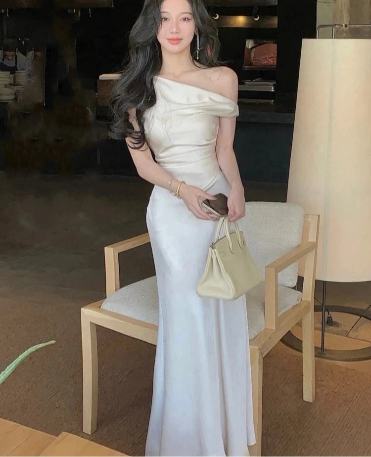 Women Elegant Solid Evening Party Dresses Summer Fashion Korean Graduation Formal Dress Off Shoulder Slim Vestidos Clothing