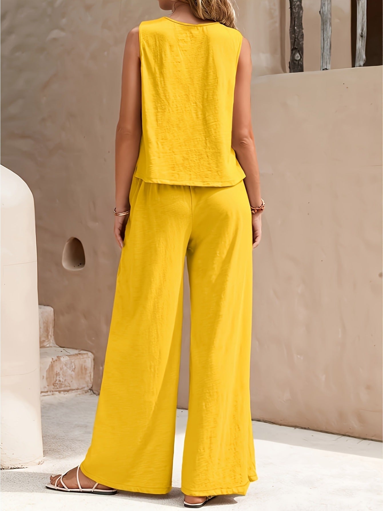 Casual Solid Color Two-piece Pants Set, Sleeveless Crew Neck Tank Top & Slant Pockets Wide Leg Pants Outfits, Women's Clothing