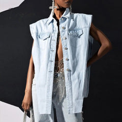 Ingvn - Side Hollow Out Denim Shoulder Length Vest Sexy Irregular Long Tops Shirt Collar Single-Breasted Trend Casual Streetwear
