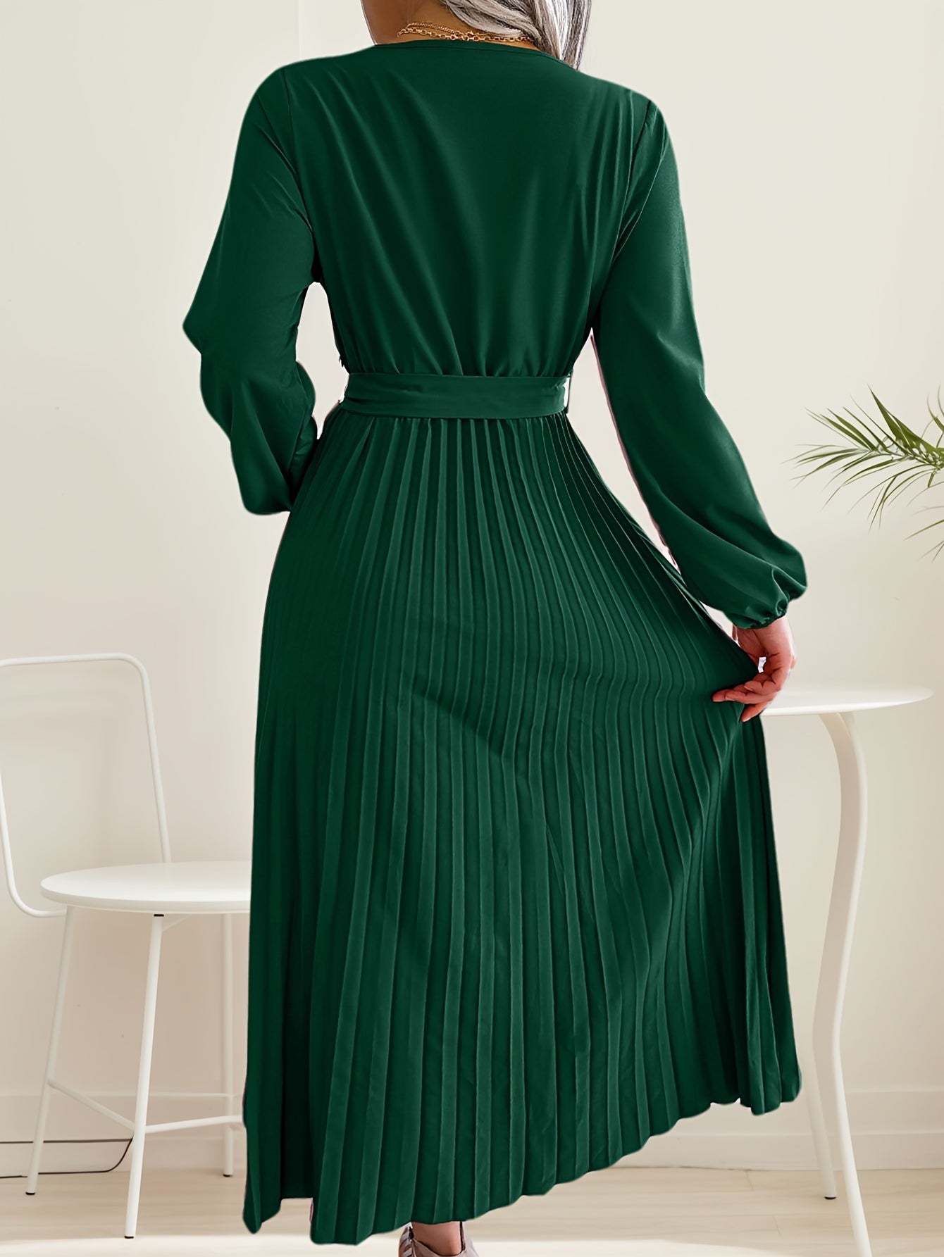 Womens Wrap Tie Dress Casual Fall V Neck Pleated Long Sleeve Solid Flowy Dress For Party Wedding Guest