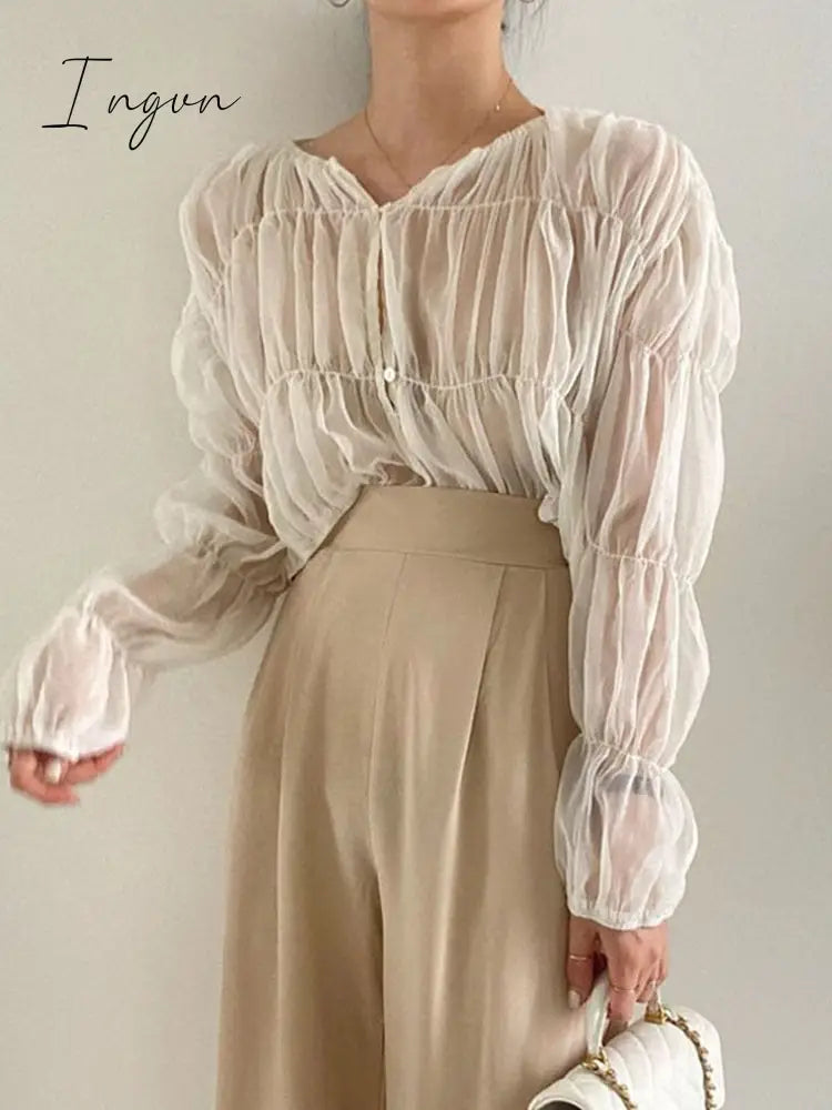 Ingvn - Korean Fashion Pleated Casual Blouse Women Summer New Loose Folds Perspective Chiffon Shirt Long Sleeve Tops Blusas Mujer 15624