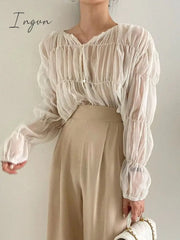 Ingvn - Korean Fashion Pleated Casual Blouse Women Summer New Loose Folds Perspective Chiffon Shirt Long Sleeve Tops Blusas Mujer 15624