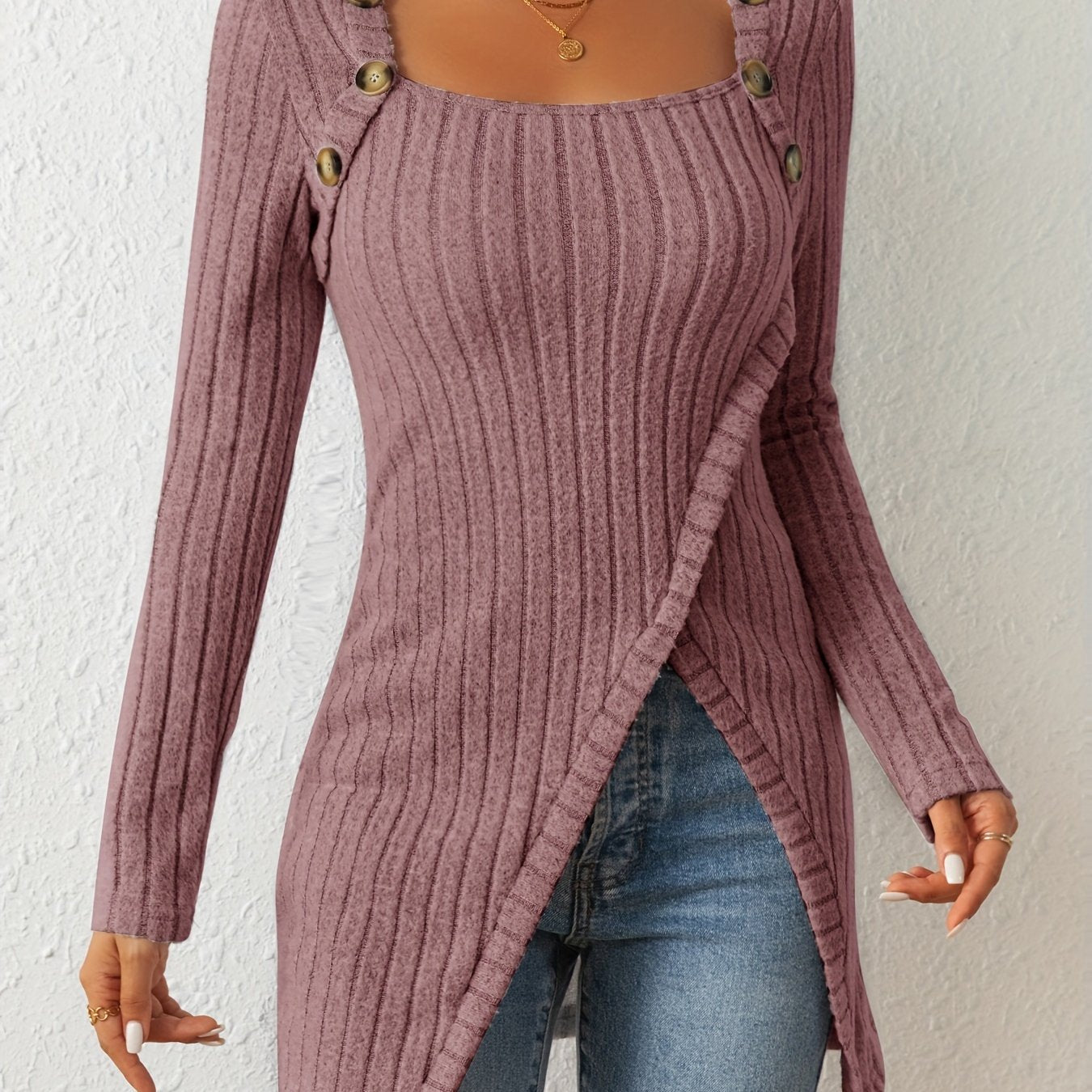 Button Decor Asymmetrical Hem T-Shirt, Casual Ribbed Long Sleeve Top For Spring & Fall, Women's Clothing