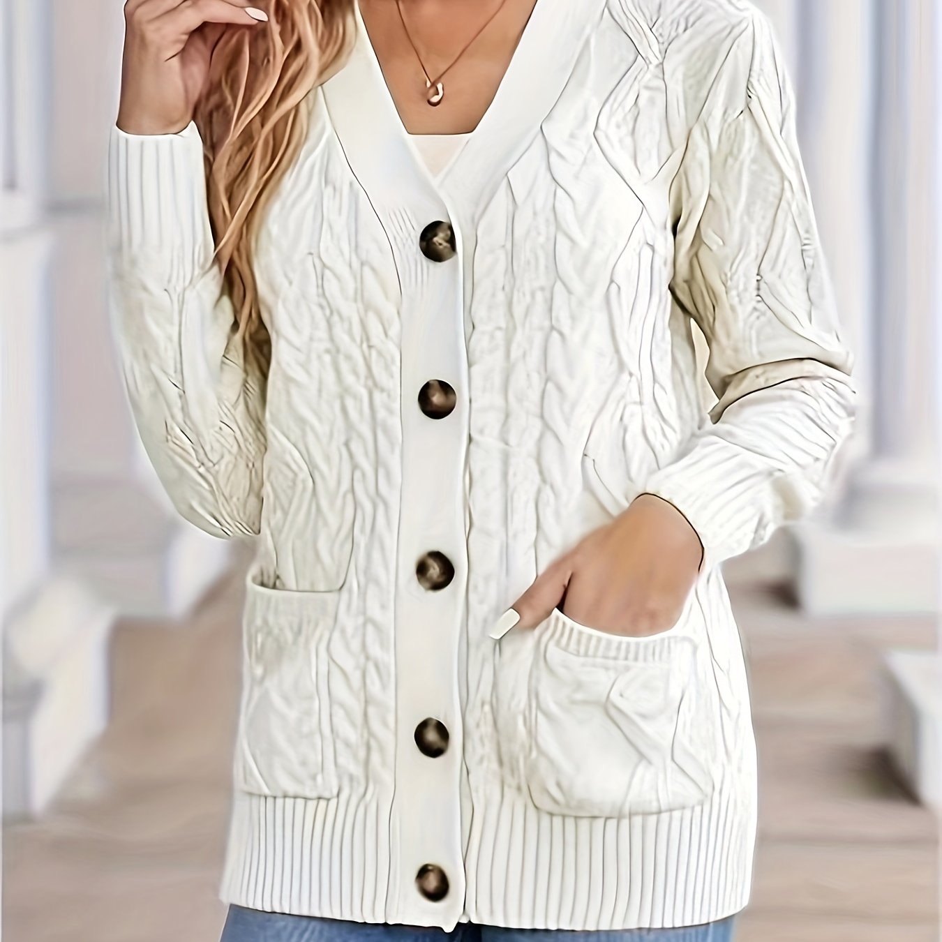 Cozy Cable Knit Long Sleeve Cardigan - Women's Casual Single Breasted Cardigans with Pockets for Spring & Fall - Soft, Comfortable, and Stylish Women's Clothing