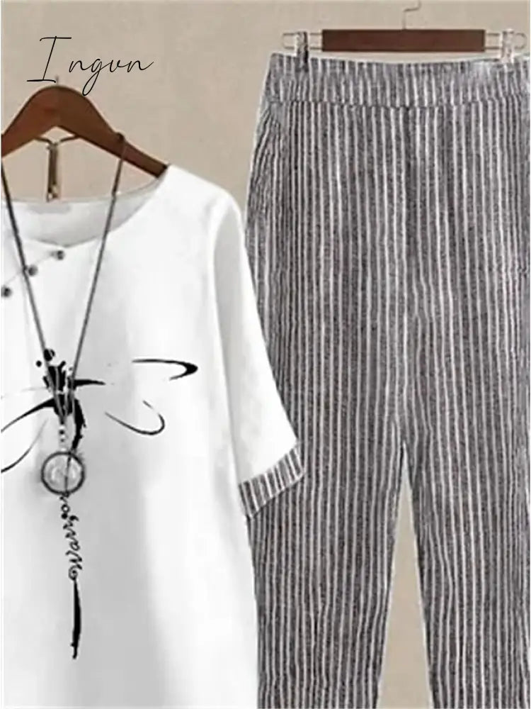 Ingvn - Women's Shirt Pants Sets Pants Trousers Basic White Pink Holiday Weekend Graphic Striped Print Round Neck S M L XL 2XL