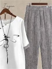 Ingvn - Women's Shirt Pants Sets Pants Trousers Basic White Pink Holiday Weekend Graphic Striped Print Round Neck S M L XL 2XL