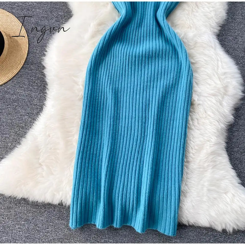 Ingvn - Women Elegant Slim Two Piece Sets Female Sweater Dress Autumn Winter High Waist Knitted Ensemble Femme Medium Long Party Dresses