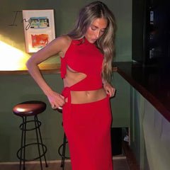 Ingvn - Sexy Cut Out Side Tie Up Tanks Top and Skirt Co-Ords Two Piece Set Elegant Fashion Outfits Matching Sets In Red