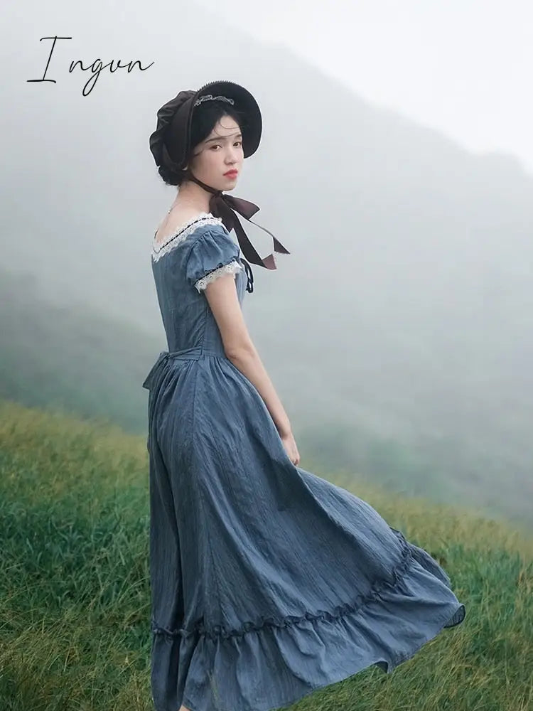 Ingvn - Women Pink Dress Summer Vintage Elegant Slim European Romance Blue Dress Retro Lace Sexy Slash Neck Casual Everyday Midi Dress