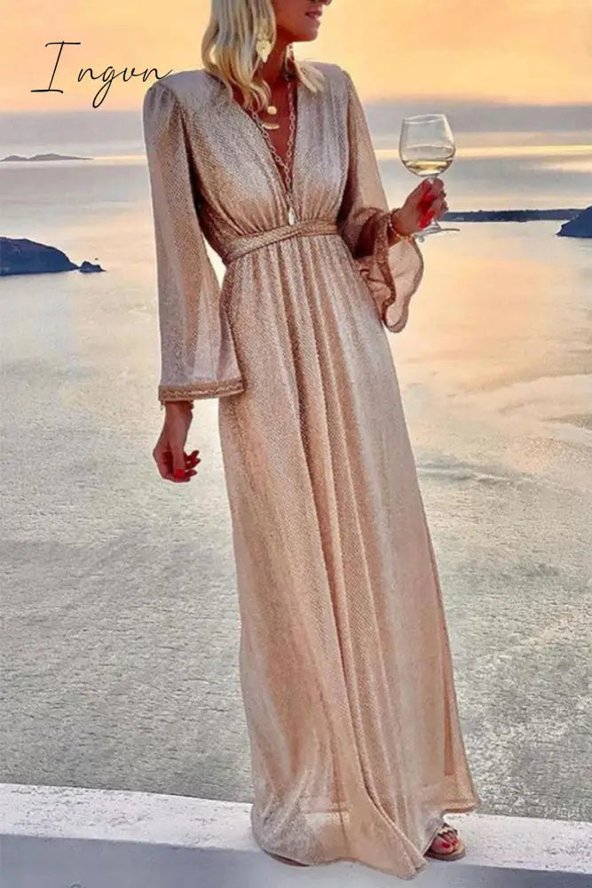 Ingvn - Fashion Elegant Solid Patchwork Fold V Neck Evening Dress Dresses(4 Colors)