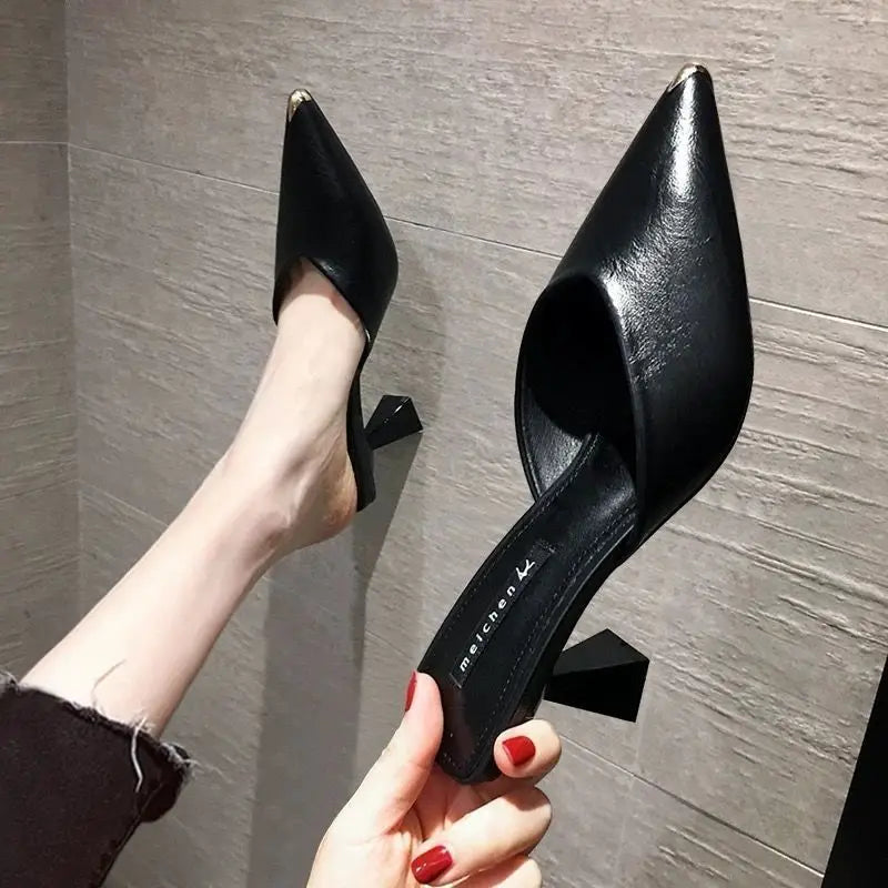 Ingvn  Summer  Black Slides Mules Women's Slippers and Ladies Sandals High Up To 5cm Heel Shoes Job Leather on Promotion Footwear F