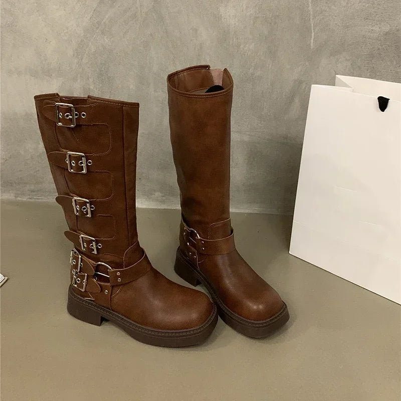 Ingvn  Square Toe Women Western Cowgirl Boots Fashion Belt Buckle Knight Long Booties Autumn Winter Female Low Heel Shoes