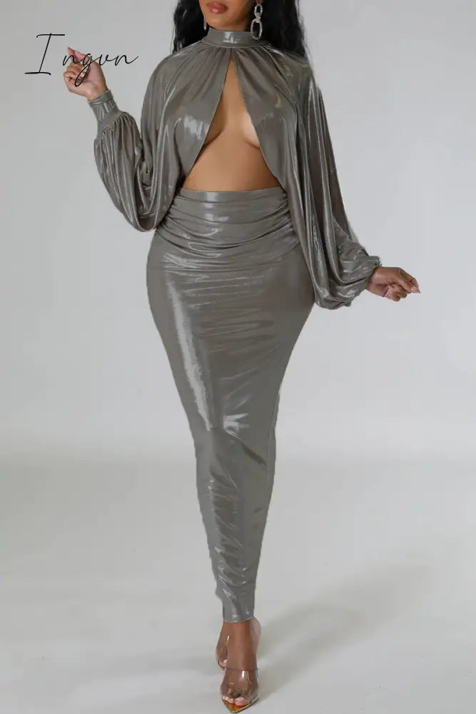 Ingvn - Sexy Street Solid Patchwork Fold O Neck Long Sleeve Two Pieces