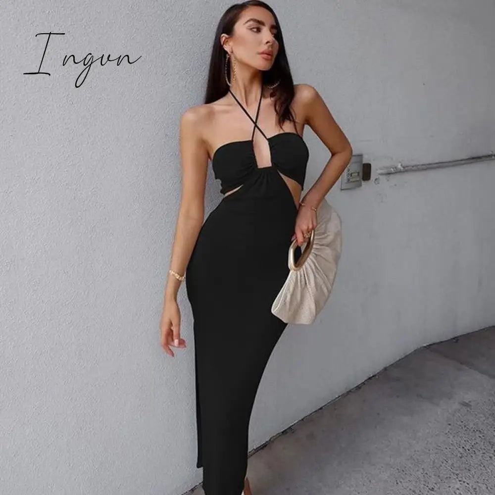Ingvn - Sexy Hollow Out Corset Maxi Dress Party Dress Women Halter Cut Out  Wrap Split Long Dresses Summer Backless Clubwear Midi Robe