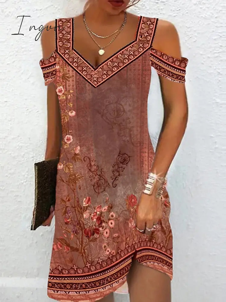 Ingvn - Women's Casual Dress Ethnic Dress Summer Dress Floral Tribal Cut Out Print V Neck Mini Dress Active Fashion Outdoor Daily Short Sleeve Regular Fit Red Blue Green Summer Spring S M L XL XXL