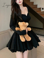 Ingvn - Long Sleeve Lace Mini Dress Woman Lolita Kawaii Dress Party Casual  Slim Pure Color Elegant Dress Korean Style Female