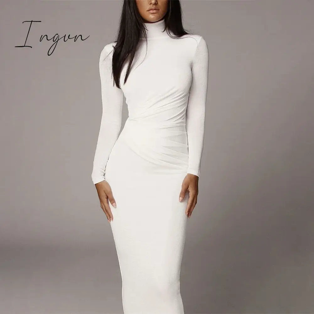 Ingvn - Summer New Women's Sexy Tight Hip Over Knee White Solid Long Sleeve High Collar Dresses Ladies 2023